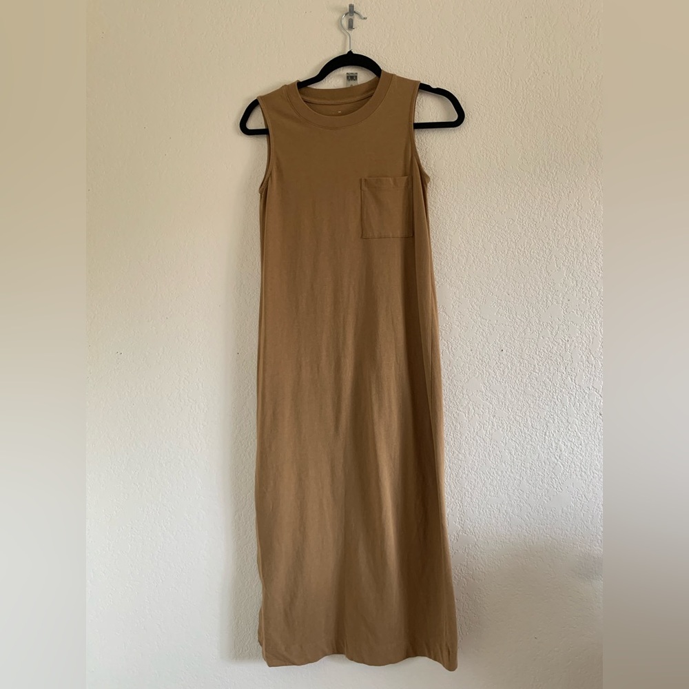 Everlane Long Weekend Tank Dress, Sz XXS Chest Pocket Tan Side Slit